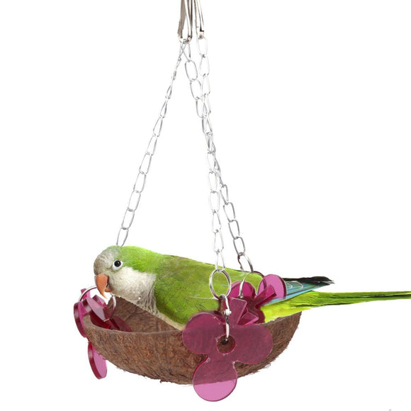 Reusable Bird Toys Coconut Shell Chain Hanging toy Parrot Squirrel Nest Playing Standing climbing pet birds toys